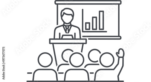 presentation speaker audience meeting discussion line art illustration of a business conference or educational seminar with a person raising hand for questions.