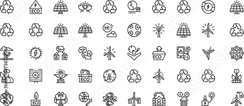 Renewable energy and eco sustainability line icon set featuring solar recycling wind power minimal outline vector collection