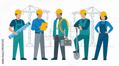 Construction workers team on a building site, diverse roles illustration