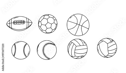 Hand Drawn Style Sports Ball Icon Pack Minimal Outline Vector Collection
