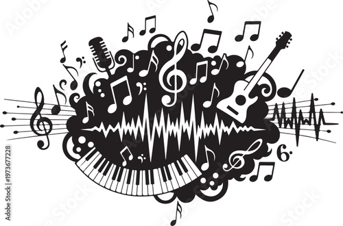 Music Symbols and Notes in Black and White Illustration