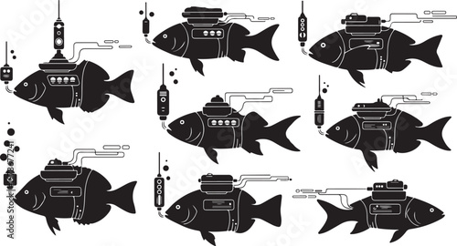 Black and white fish with submarines and diving gear
