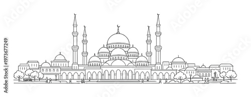 Mosque complex with multiple domes and minarets in plaza