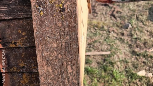 Wooden structure with metal latch and moss visible in the background during daylight at a rural location