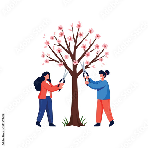 Two women pruning cherry blossom tree in colorful flat illustration for gardening
