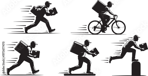 Delivery man running and riding bike with packages quickly