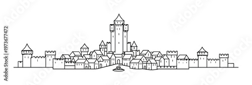 Tall central tower rising above walled town with fountain