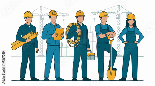 Diverse group of construction workers standing with tools and equipment