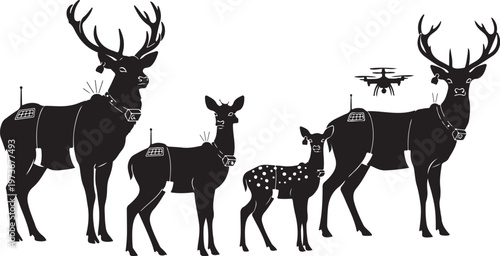 Deer Family Silhouette with Drone in White Background Illustration