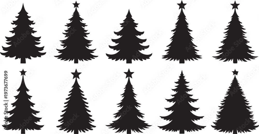 Obraz premium Black Christmas Tree Silhouettes with Stars on White Background