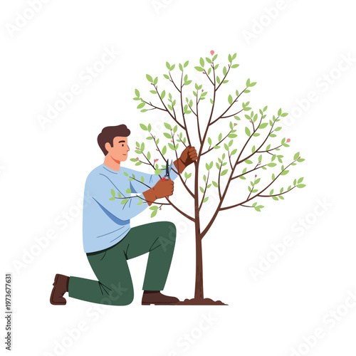 Man pruning tree in flat illustration style with green and brown colors in simple line art format for gardening or landscaping use