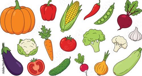 Vegetable Illustration Icon Set with Pumpkin, Pepper, Corn, Tomato, Broccoli, Garlic, and Fresh Organic Farm Produce Symbols