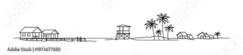Stilt houses and lifeguard tower along coastal shoreline