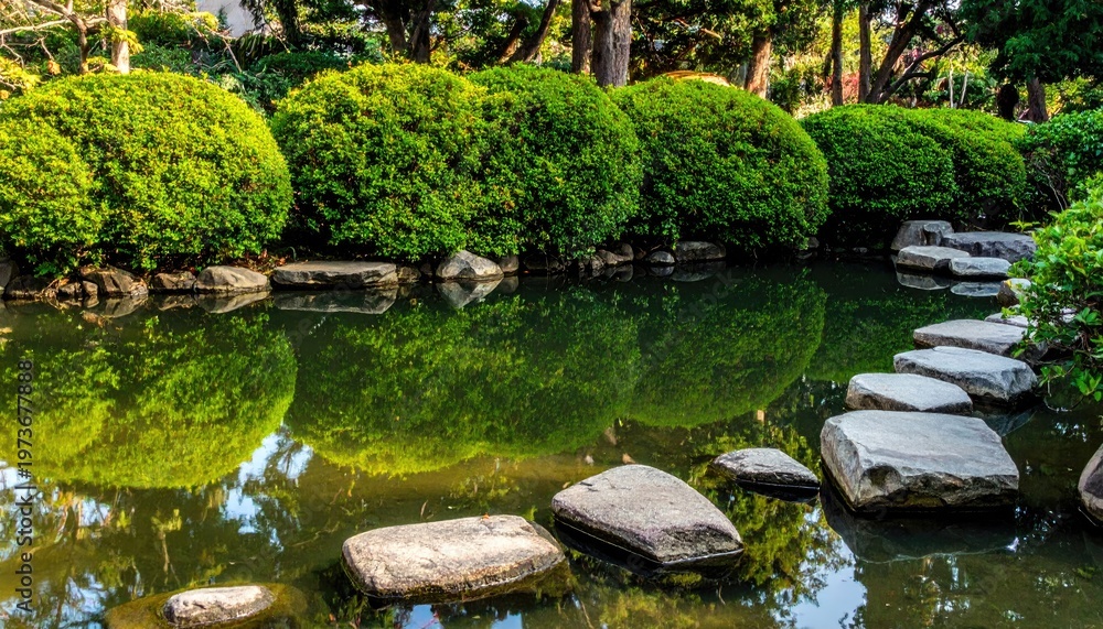 Fototapeta premium Tranquil Japanese Garden with Stone Pathway and Reflective Pond