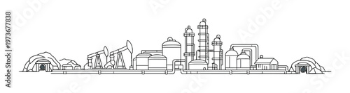 Oil and gas processing plant with pumpjacks on industrial skyline