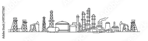 Industrial oil refinery with pumpjacks and storage tanks on horizon