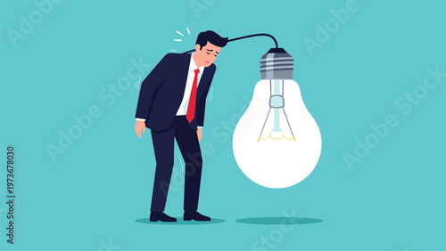 Tired businessman standing with a heavy unlit light bulb attached to his head, symbolizing lack of ideas, fatigue, or professional burnout.