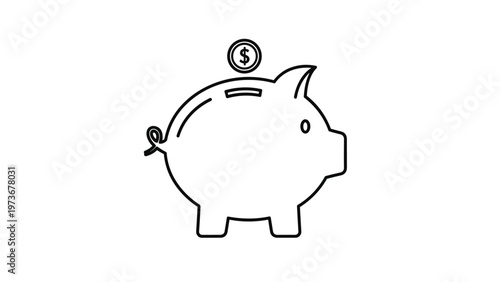 Clean minimalist line art illustration of a piggy bank with a dollar coin being inserted, representing personal savings, finance, and wealth.