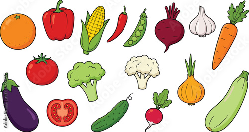 Fresh Vegetables and Fruits Illustration Icon Set with Organic Food, Healthy Produce, Garden Harvest, and Colorful Farm Market Symbols