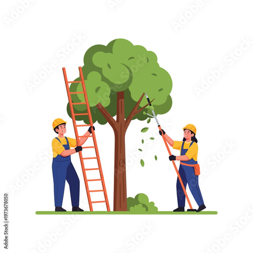 Two arborists pruning tree in flat colorful style with bright green leaves and vibrant colors for landscaping