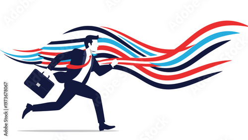 Dynamic businessman with a briefcase running fast with colorful abstract lines trailing behind him, symbolizing speed, success, and agility.