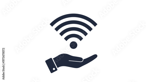 Bold black icon of a hand holding a wireless Wi-Fi signal symbol on a white background, representing digital connectivity and internet access.