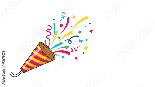 Festive and colorful party popper throwing confetti and streamers against a white background, representing celebration, joy, and special event.
