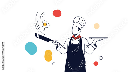 Stylized line art illustration of a chef in a hat and apron tossing a fried egg in a pan with colorful abstract spots in the background design.