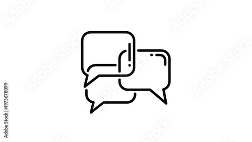 Minimalist black line art icon of overlapping speech bubbles, representing communication, social interaction, and messaging concepts for apps.