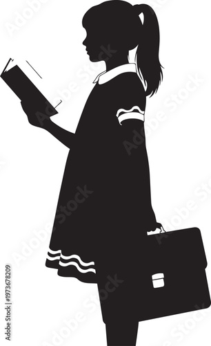 Silhouette of a schoolgirl reading a book and carrying a briefcase vector illustration