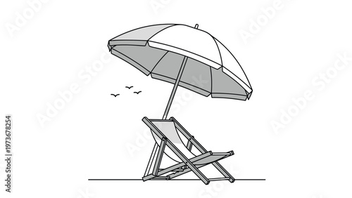 Simple line drawing of a beach chair resting under a large sun umbrella with a few birds flying in the sky over a minimalist shore.