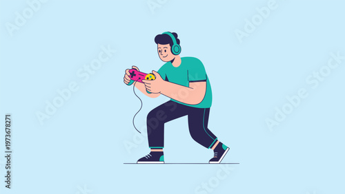 Young man wearing headphones and holding a game controller while playing video games in a dynamic pose against a light blue backdrop.