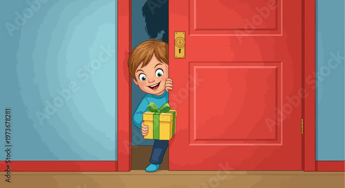 Boy standing in doorway holding gift.