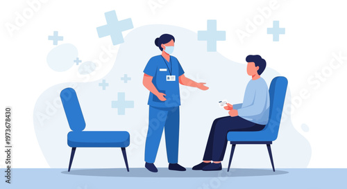 Doctor in blue uniform talking to patient sitting in chair, medical consultation concept