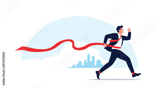 Businessman in a suit crossing a red finish line with a city skyline in the background symbolizing career success and achievement.