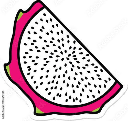 Illustration of a vibrant slice of dragon fruit with pink skin and black seeds
