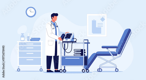 Doctor in clinic examining patient with medical equipment, healthcare concept