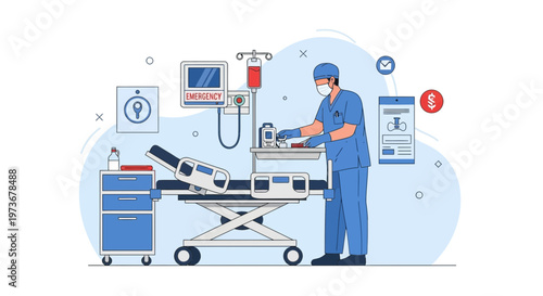 Doctor in Medical Scrubs Preparing Patient Bed in Emergency Room with IV Drip