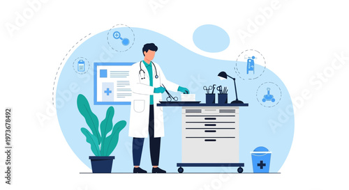 Doctor in medical uniform with stethoscope preparing medical instruments in clinic