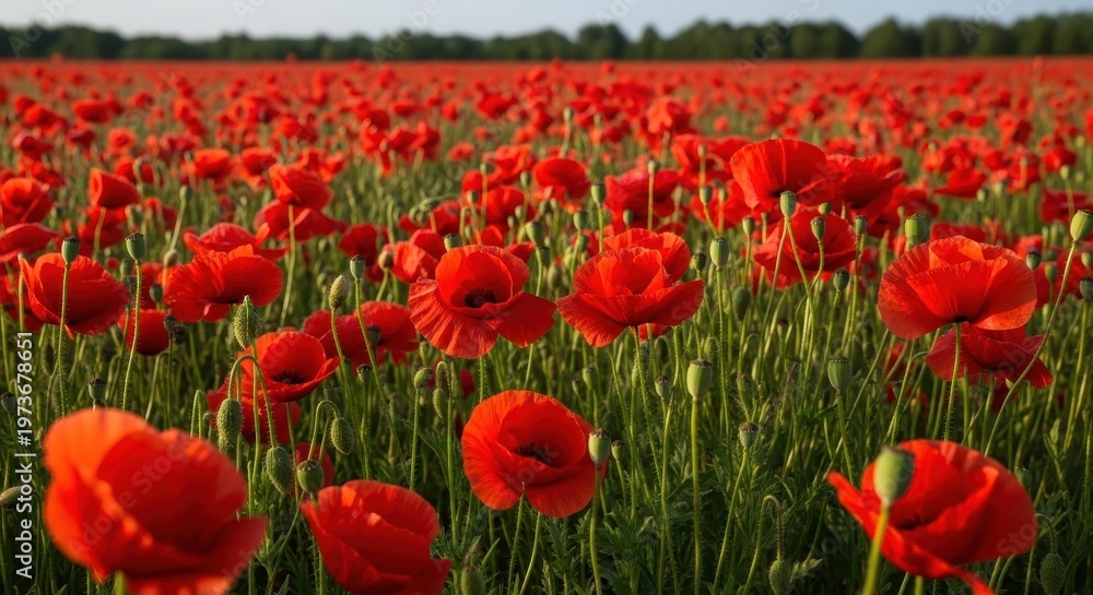 Obraz premium A vibrant field of blooming red poppies stretches out under a soft and hazy summer afternoon sky.