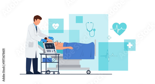 Doctor monitoring patient on hospital bed with modern medical equipment and digital interface