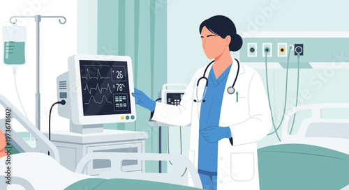 Doctor monitoring patient vital signs on EKG monitor in hospital room
