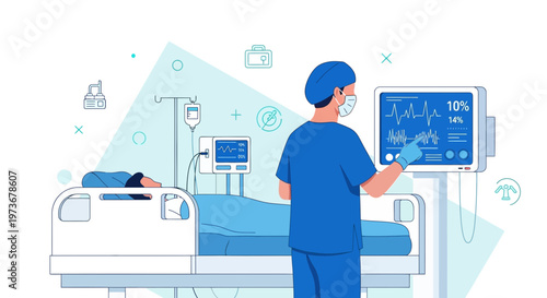 Doctor monitoring patient's vital signs on ICU monitor in hospital room