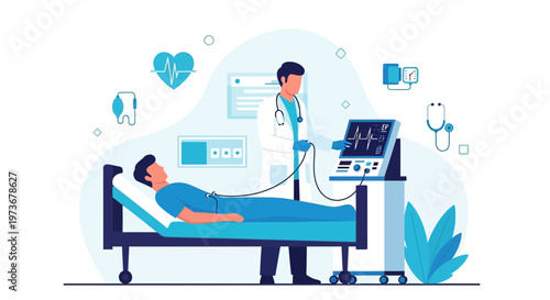 Doctor monitors patient's vital signs on EKG machine in hospital room, healthcare concept