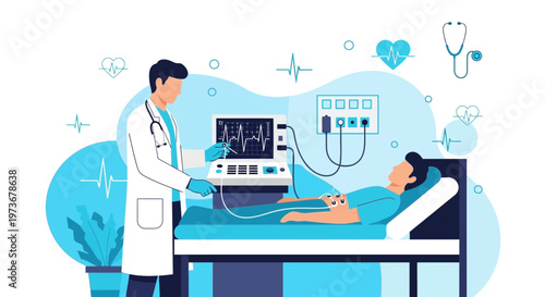 Doctor monitors patient's vital signs on EKG machine in hospital room, medical care concept