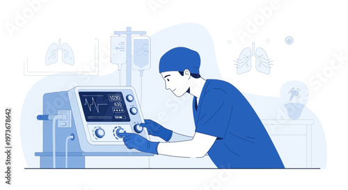 Doctor operating ventilator machine in hospital ICU, medical equipment, healthcare concept