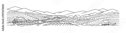 Curved terraced fields and farm buildings with water wheel in valley
