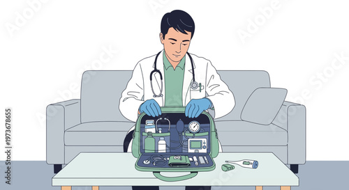 Doctor opening medical kit with stethoscope, blood pressure monitor, thermometer, and medications