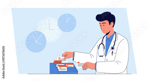 Doctor organizing medical records and prescriptions with clocks in background