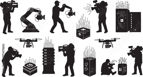 Silhouettes of photographers and filmmakers capturing burning objects scenes